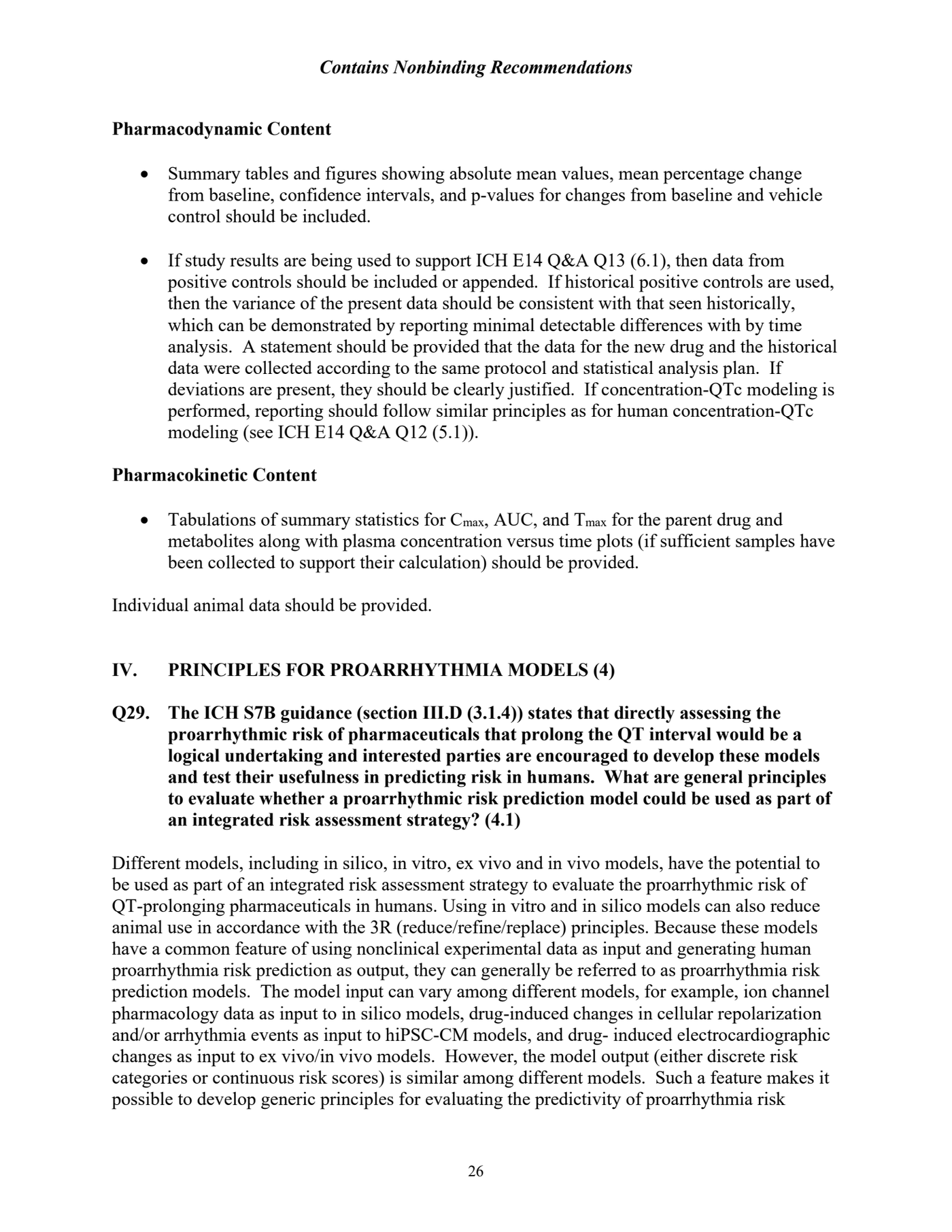 FDA PDF 第 30 页(页脚 26):第四节 Q29(4.1)——含 in silico 的模型可作为整合式风险评估的一部分,且可依 3R 减少动物使用