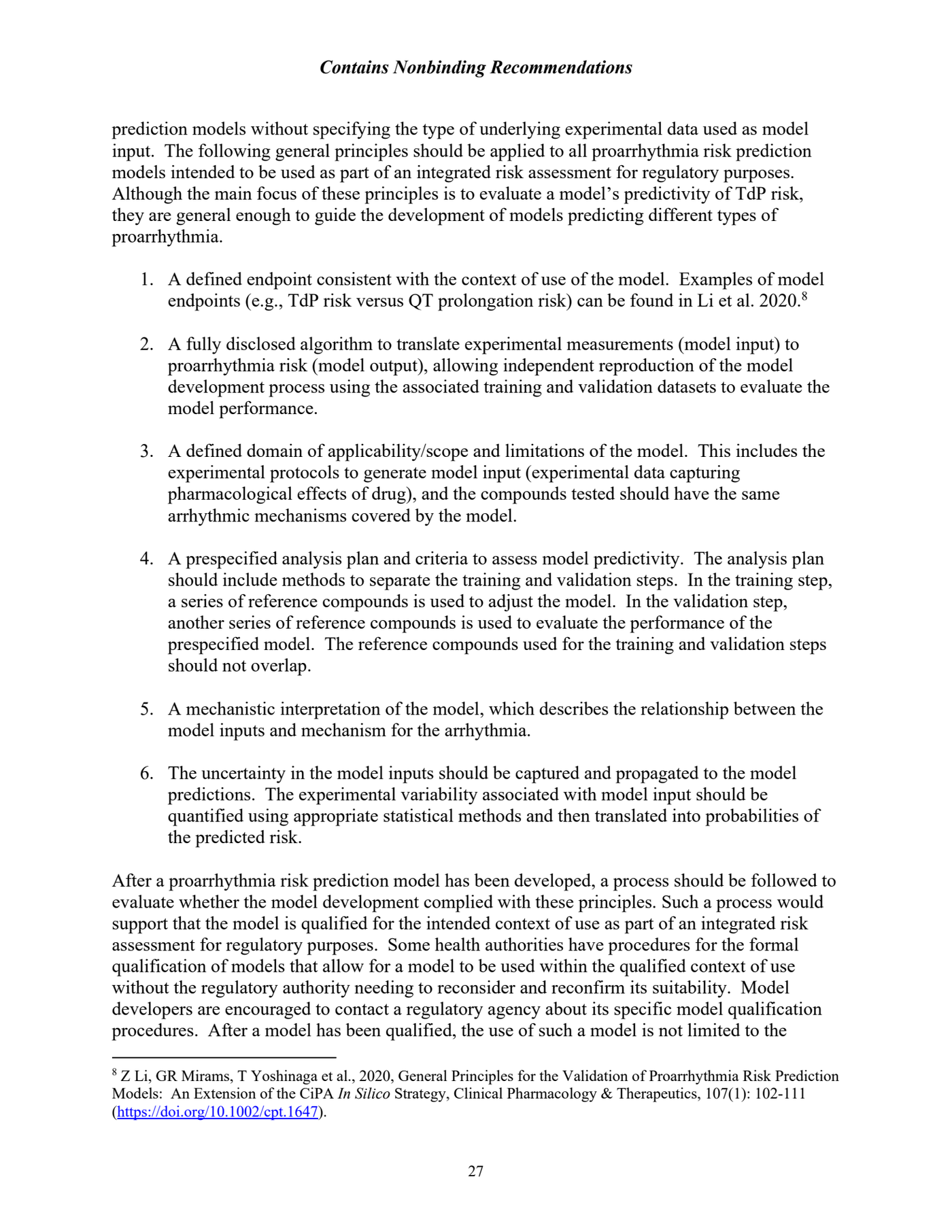 FDA PDF 第 31 页(页脚 27):致心律失常预测模型应满足的六条通用原则