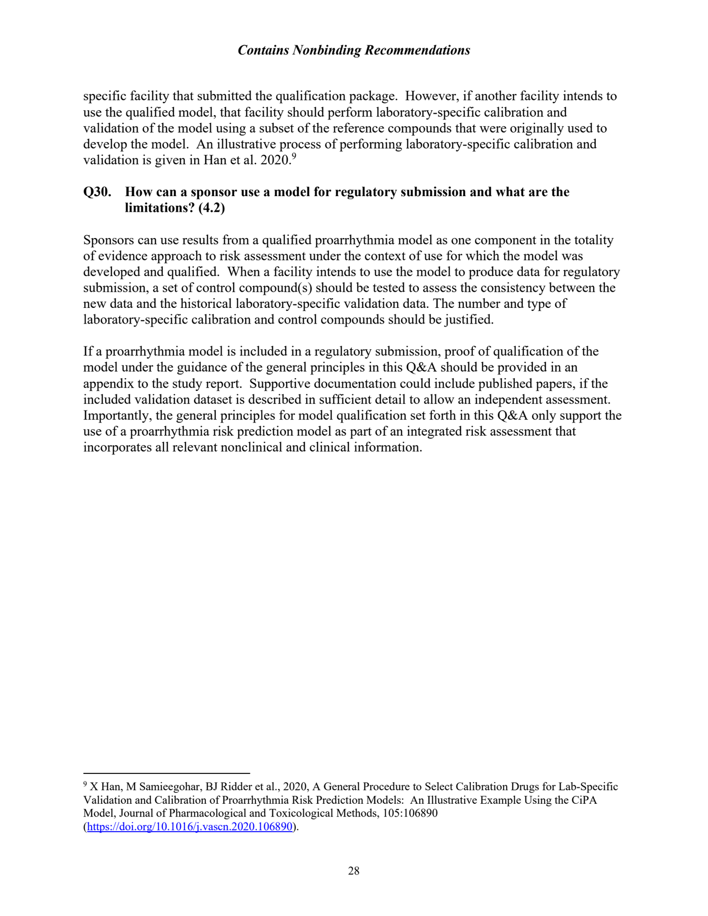 FDA PDF 第 32 页(页脚 28):Q30(4.2)——模型作为 totality of evidence 的一个组成部分,申报时需附资格认定证明