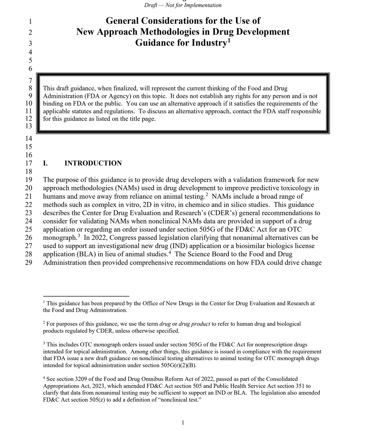 FDA《NAMs 通用考虑》草案指南第 1 页:NAMs 的范围(含 in silico)与 2022 年立法依据