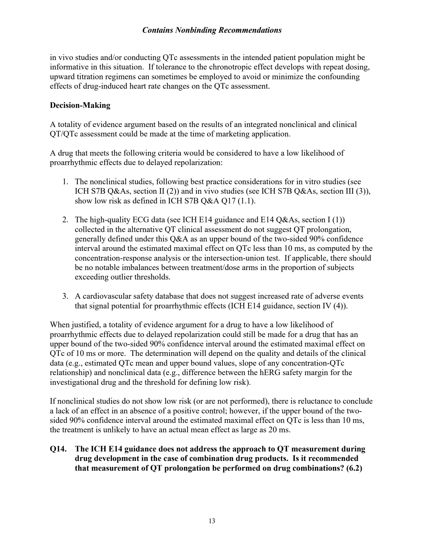 FDA PDF 第 17 页(页脚 13):Decision-Making 的三条判定条件,含「90% 置信区间上限 < 10 ms」