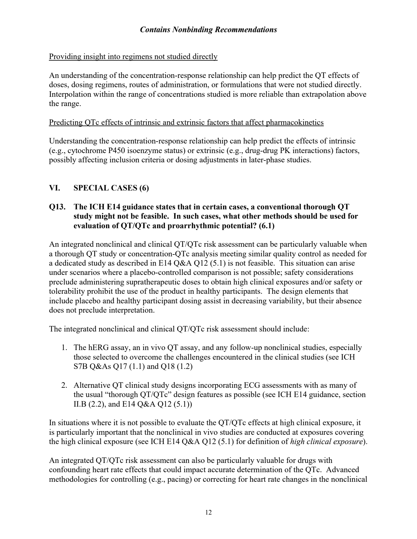 FDA PDF 第 16 页(页脚 12):整合式非临床与临床 QT/QTc 风险评估的适用场景与两个组成部分